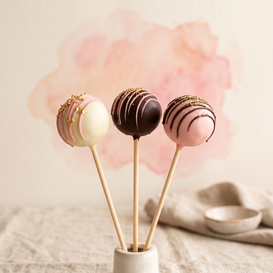 Three cake pops with chocolate and pink drizzle and gold sprinkles