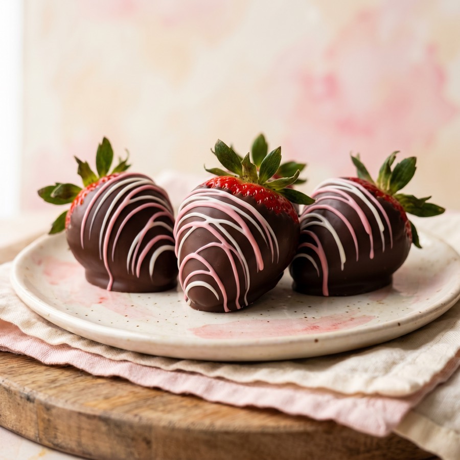Chocolate-covered strawberries with pink and white drizzle on a plate